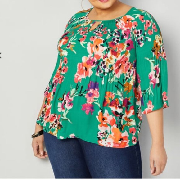 Avenue Plus Size Green Floral Pleated Blouse 18/20 - Picture 1 of 7